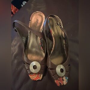 Anne Klein Brown Slingback Wedge Sandals with Silver Accent